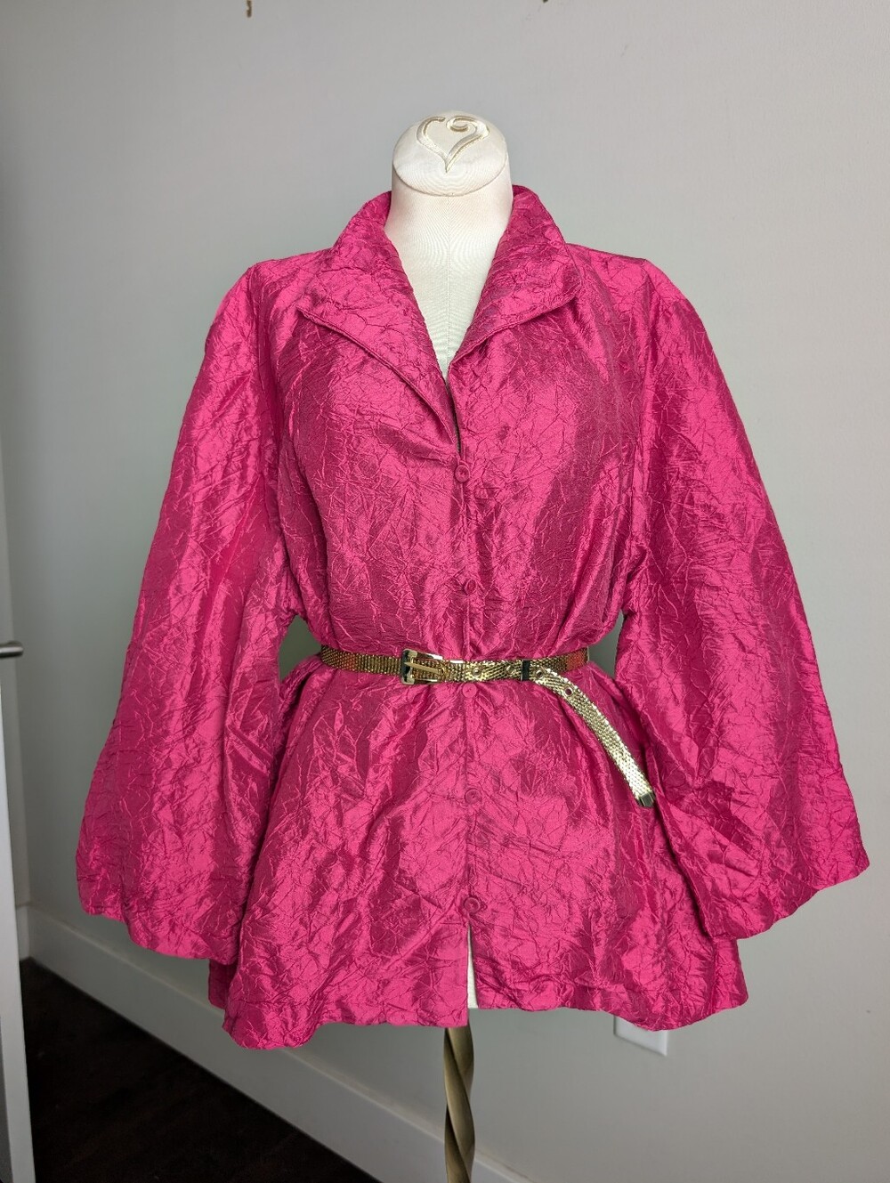 Eileen Fisher Vibrant Fuschia Pink Crinkle Top Size L 100% Silk